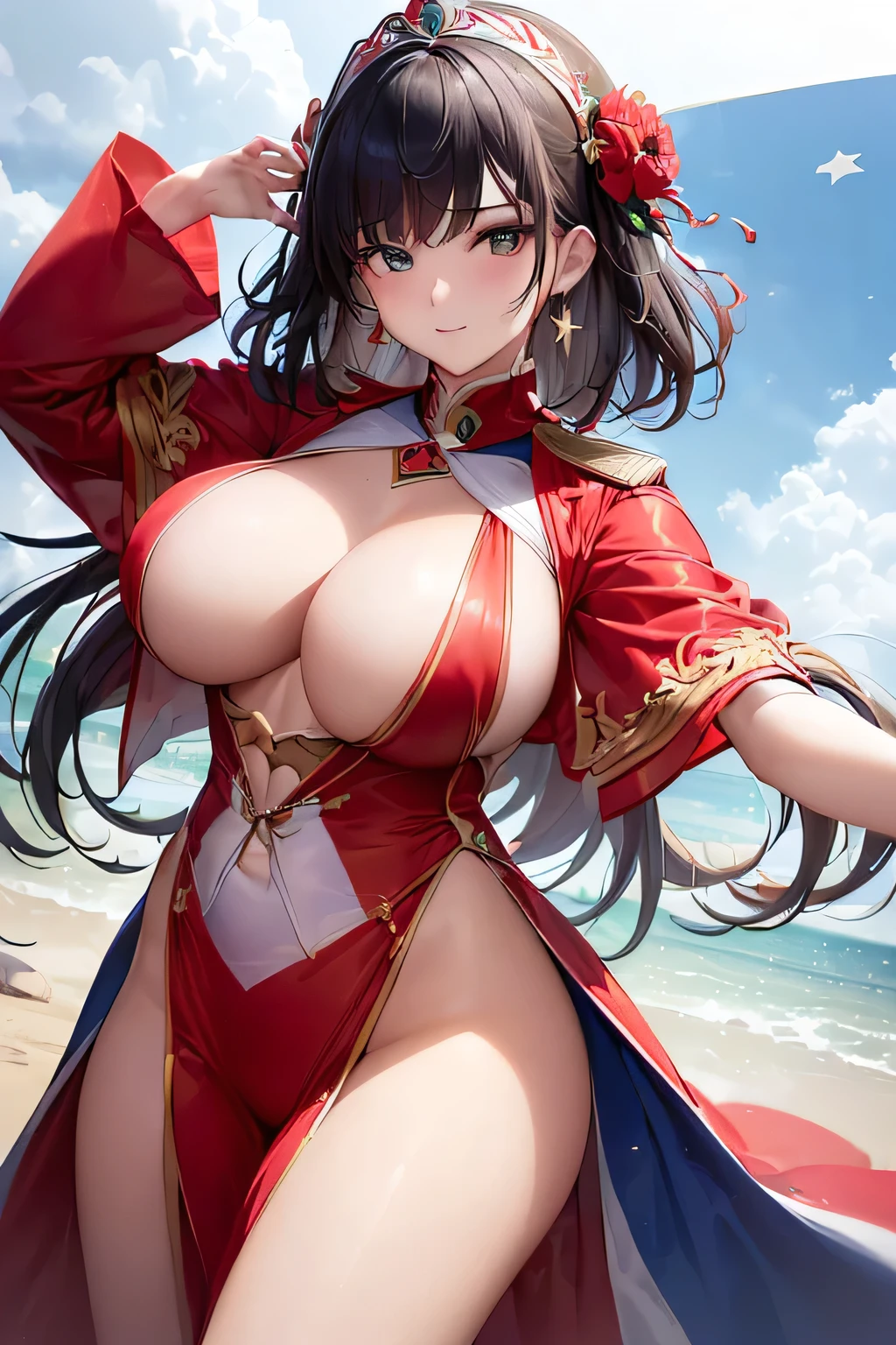(((Costume inspired by the flag of the Republic of Turkey:1.3))),(((Woman in men's clothing:1.3))),(Crescent Flag),(masterpiece,Highest quality,Ultra-high resolution output images,Write boundary depth,Intricate details,Adding dimension to your subject with the contrast of light and shadow,Anatomically correct facial structure),(Picture Mode Ultra HD,)