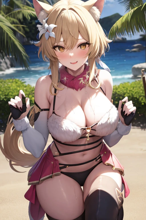 masterpiece, best quality, beautiful art, high resolution, well formed hands, body and fingers, 1 woman, solo, Lumine , blonde, full body picture, grown up, adult, large and rounded breasted, cleavage, hair ornament, wearing a Dangerous Beast outfit ,  dangerous_beast_cosplay, claws, fangs, wolf ears and wolf tail, full body, sexy and skimpy  bikini, gorgeous  hips, legs and thighs bouncing breasts, red boots,fighting in a combat match, showing her fighting skills, making her guard, about to hit the viewer, looking at the viewer,   sweating, bouncing breasts, smiling joyfully and brightly, being confident and proud, action and fighting scene, fighting cage on beach environment.     