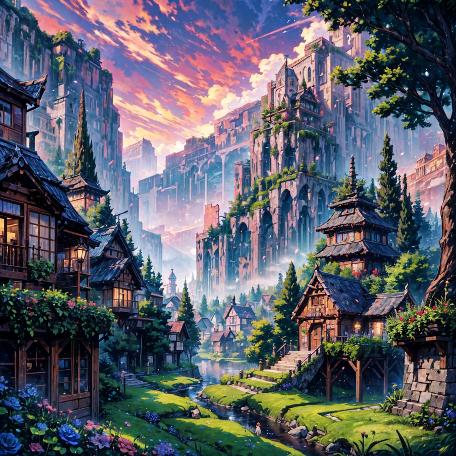 Masterpiece, high quality, a beautiful picture depicts a fairy tale world about green, rose hut, fairyland, terraced fields around the house, blue rose flowers, green rice fields, red sky, grey clouds, Hayao Miyazaki, perfect sy symmetrical composition, stone bricks floor