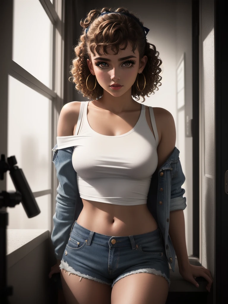 illustration, style of Philip Lorca diCorcia, cinematic film still portrait of young girl aged 18 yrs old, 1girl, solo, Instagram model, athletic figure, pretty face, wearing an off the shoulder white T-shirt, wearing jean shorts, light brown hair, short curly hair, crossed bangs, constricted pupils, hair ribbon, hoop earrings, cinematic lighting, Ultra-Wide Angle, Canon, Hyperrealism, UHD, masterpiece, textured skin, high details, best quality, detailed eyes, detailed iris, full body photo