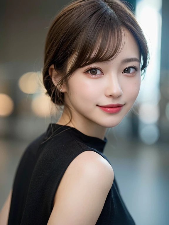 (masterpiece:1.3), (8k, Photorealistic, RAW Photos, Best image quality: 1.4), 20-year-old girl、(Random Hairstyles:1.2)、Super detailed face、Attention to detail、double eyelid、Sharp focus:1.2、Beautiful woman:1.4、Light brown hair、Highest quality、masterpiece、Ultra-high resolution、(Photorealistic:1.4)、Highly detailed and professional lighting、Black Dress、thin、smile、Black short hair、Deadly position、Clear Skin、Random pose、Shiny Hair、Sculpture model pose、whole body