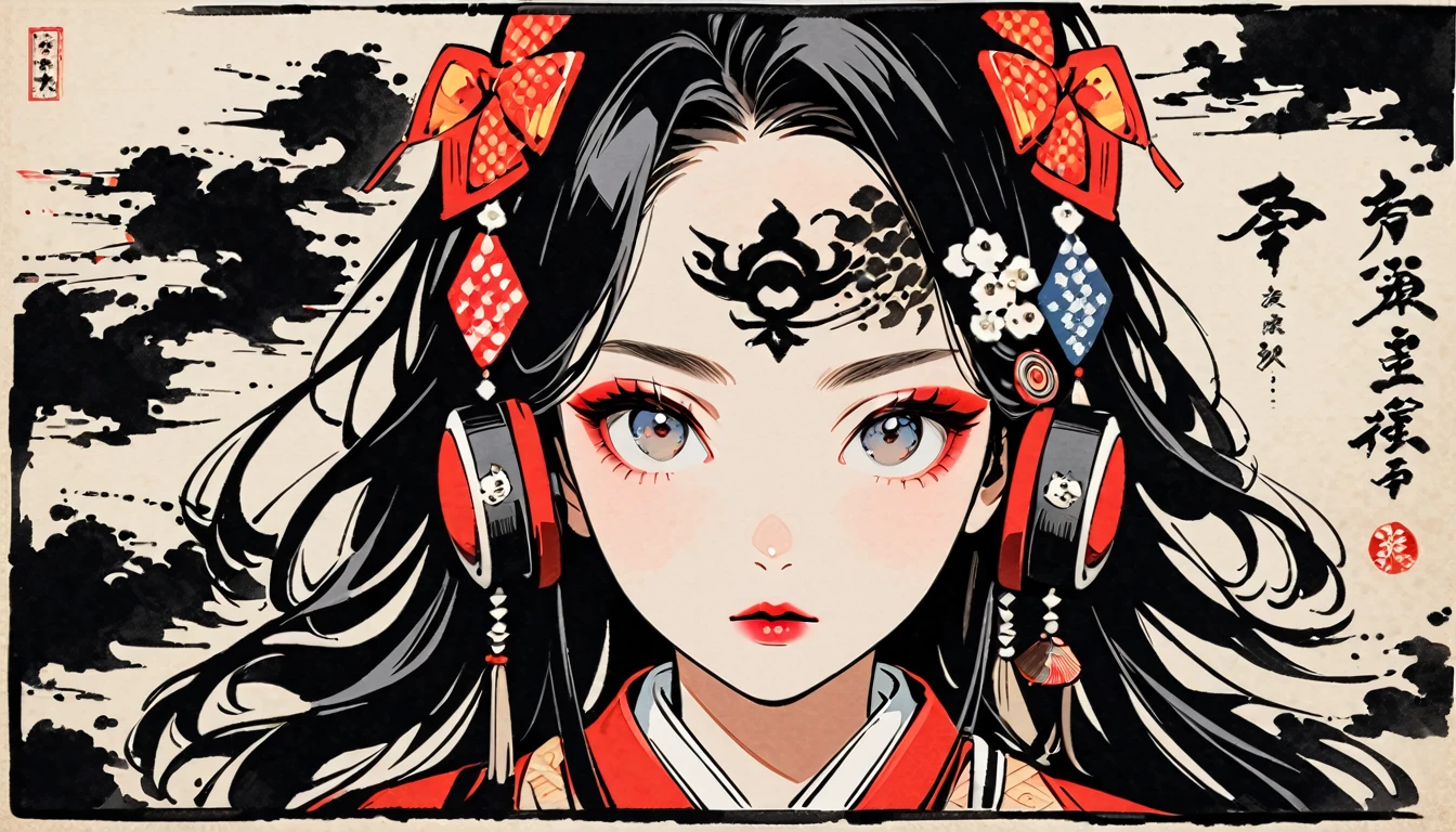 (((Ink Painting))), Fashion portrait color photos, (((1 girl))), (((Tattoo in the center of the forehead))), (((Very flashy hair accessories))), (((Very flashy makeup))), Japanese style headphones, devil, face close-up, front view, Japan人の美少女, Black Hair, Delicate and precise, Modern ukiyo-e style,Japan, Japanese flag