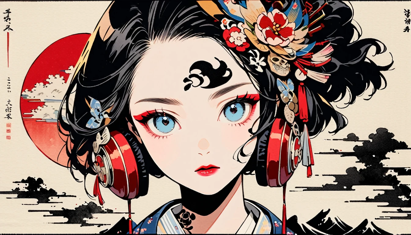 (((Ink Painting))), Fashion portrait color photos, (((1 girl))), (((Tattoo in the center of the forehead))), (((Very flashy hair accessories))), (((Very flashy makeup))), Japanese style headphones, devil, face close-up, front view, Japan人の美少女, Black Hair, Delicate and precise, Modern ukiyo-e style,Japan, Japanese flag