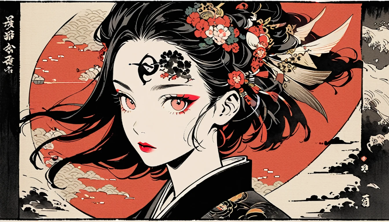 (((Ink Painting))), Fashion portrait color photos, (((1 girl))), (((Tattoo in the center of the forehead))), (((Very flashy hair accessories))), (((Very flashy makeup))), Japanese style headphones, devil, face close-up, front view, Japan人の美少女, Black Hair, Delicate and precise, Modern ukiyo-e style,Japan, Japanese flag