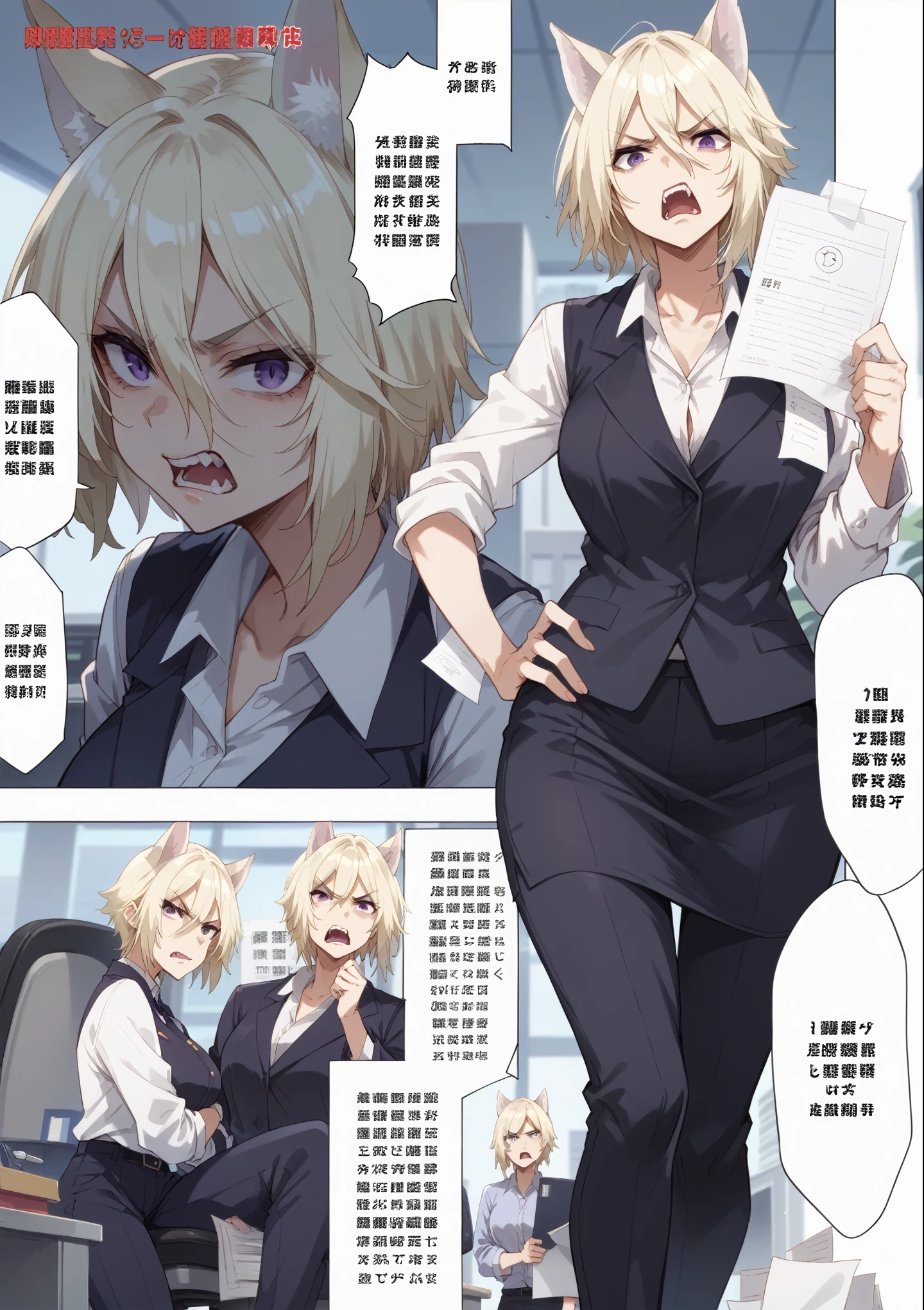 girl,short hair,blonde hair,purple eyes,cat ears,big breast,office outfit,shadow over eyes,hipnosis,trans,striped,undresed,standing with splited legs,daze,hand behind head,bald ugly guy in the suit next to the girl,bare breast,pussy,striped skirt under the feet
