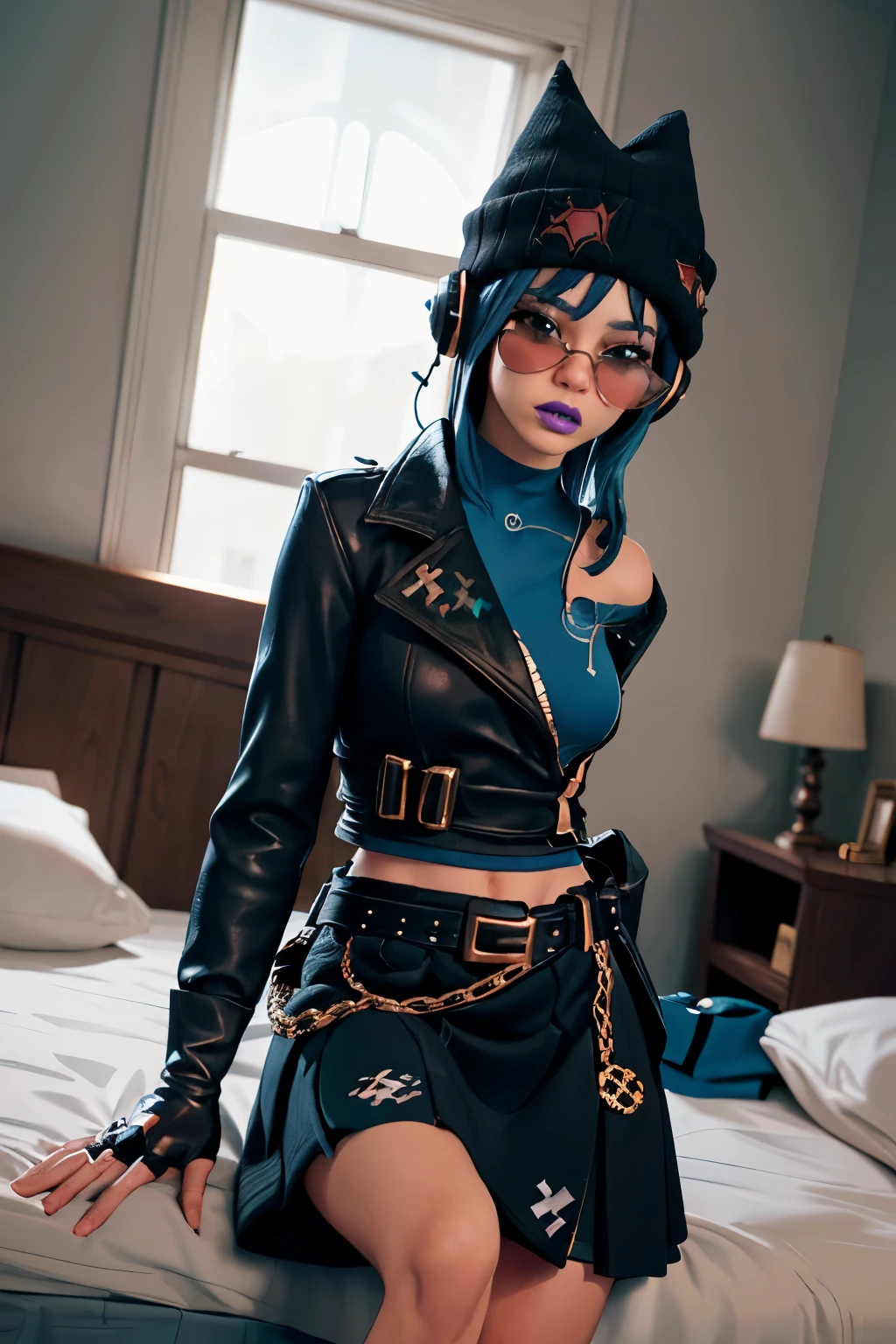 (masterpiece,best quality,absurdres,beautiful,sharp,detailed), bedroom, cinematic angle,1girl,hopefn,blue lips, beanie, earphones, sunglasses, navel, blue hair, jacket, skirt, belt, fingerless gloves,