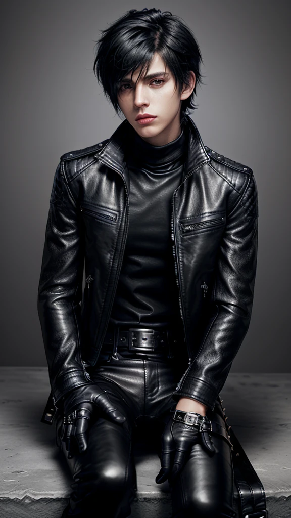 Final fantasy taste and reality graphics, ((Japanese young cute and cool ikemen boy)), his age is early 20s, thin eyebrows and beady eyes, ((he wearing black color leather thick and heavy material jacket)), ((jacket is single-brest)), ((biker style jacket)), ((jacket is large size)),((with epaulet)), ((jacket is long sleeve)), ((zip up, front of the leather jacket)), , ((voluminous leather jacket)), ,((jacket is high length, and stand-up collar)) ((jacket collar with two belts)), ((jacket is a little black color line pattern)), ((also wearing black thick material turtleneck lackluster shirts)), ((tight black leather pants)), ((put black leather tight and thin glove on both hands)), ((black leather glove)),((black leather knee-high raceup boots)),((must views head-to-toe)),((must views whole body)), ,((Do not show skin from the neck down)),leather jacket leather glove and leather pants have few wrinkles, Avoid showing your innerwear,zip up jacket fastner.((must put on a leather glove)).
Boy is black hair.boy looks like fashion model.
Boy in the dim room.