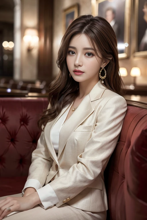 masterpiece, Highest quality, Realistic, Very detailed, Finer details, High resolution, 8k wallpaper, One beautiful woman, Wear a nice suit, In a great restaurant, At night, Light brown messy hair, Perfect dynamic composition, Beautiful and beautiful eyes、Big earrings、Sit on the sofa、