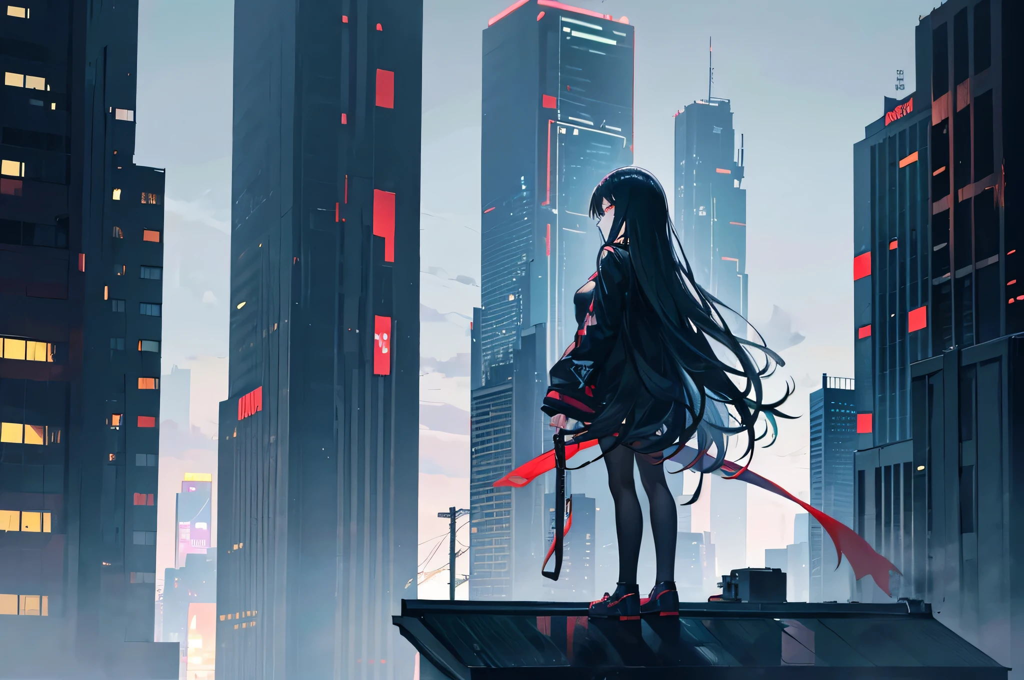 girl with long black hairs and black long shirt standing on the peak of rooftop building, sad expression, seen from behind, night cyberpunk city, full body