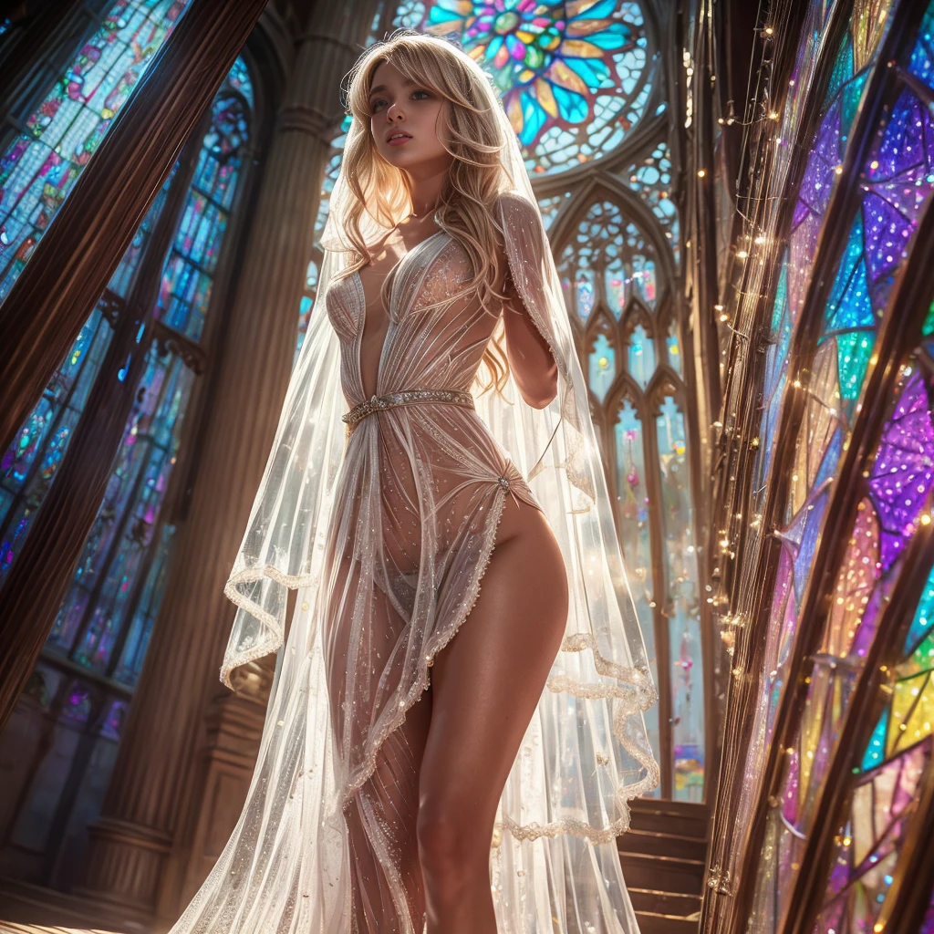  (Cathedral from below:1.28) (ZoomLayer) TopQuality 8K masterpiece of ((Professional photo)), (((Clarisse de Cagliostro))) (Detailed White WeddingDresses), Chain, (((Extremely detailed KAWAII face))) {((VeiledFace))|BlondeHair|(Elaborate BuleEyes)with(SparklingHighlights:1.28)}, The background is distant (((Elaborate stained glass))) Rainbow Glass, {(MysticSight)|EnchantingAtmosphere|Haze|(GodRays)|TyndallEffect}, Radiant PearlSkin with Transparency, (Exposed:0.39)