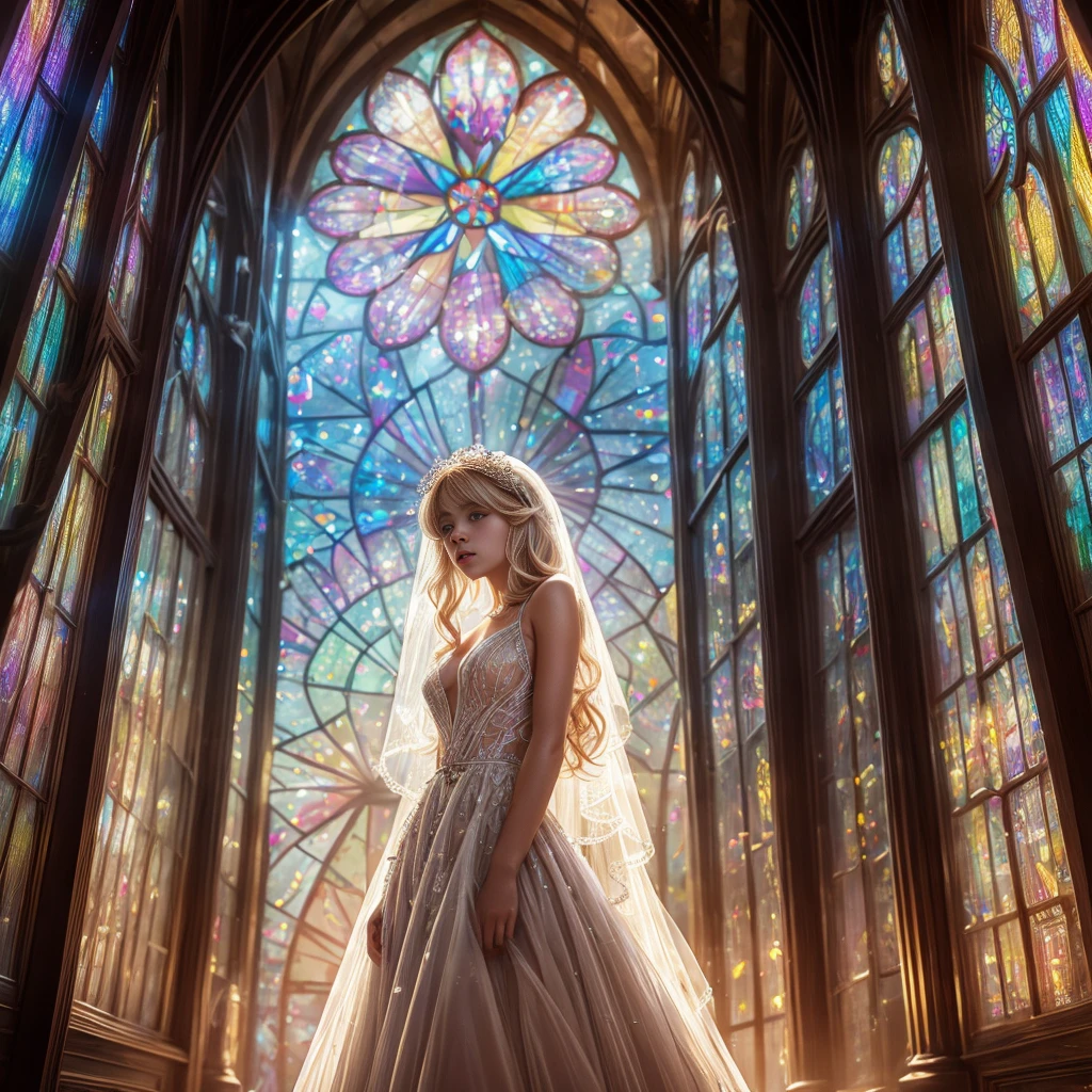 (Cathedral from below:1.28) (ZoomLayer) TopQuality 8K masterpiece of ((Professional photo)), (((Clarisse de Cagliostro))) (Detailed White WeddingDresses), Chain, (((Extremely detailed KAWAII face))) {((VeiledFace))|BlondeHair|(Elaborate BuleEyes)with(SparklingHighlights:1.28)}, The background is distant (((Elaborate stained glass))) Rainbow Glass, {(MysticSight)|EnchantingAtmosphere|Haze|(GodRays)|TyndallEffect}, Radiant PearlSkin with Transparency, (Exposed:0.39)