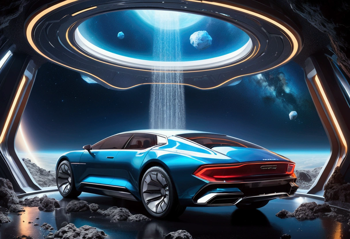 A futuristic carwash situated on an asteroid in space