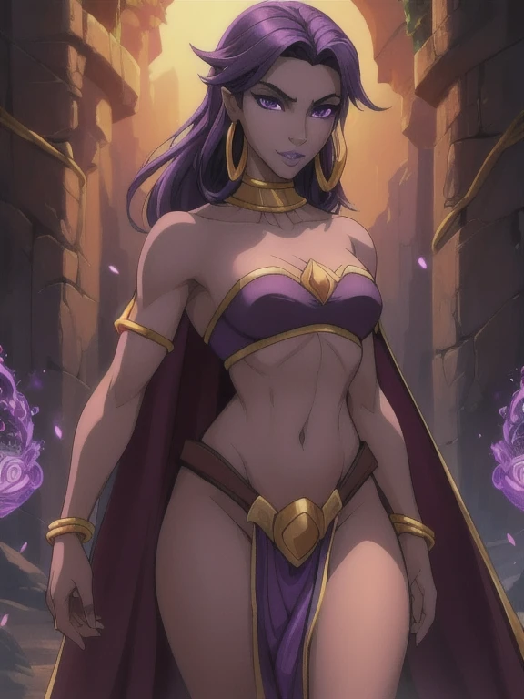 Fantasy style, Fantasy environment, A beautiful young sorceress (1 girl), dark-skinned female, with long purple flowing hair, purple eyes, purple iris, mascaras purple eyeshadow, smile, purple lipstick, medium breasts, waist, slender legs, attractive body, slim figure, perfect shape, ((Wearing: golden ringed earrings, purple cape, purple strapless top, purple loincloth, golden armlets, golden boots)), looking mature and alluring at 28 years old, (detailed eyes, detailed lips, extremely detailed face), both hands glowing bright purple, purple magic, bright purple sparks in both hands, She's a sorceress that wields her magical powers with grace and precision, showcasing her exceptional abilities, She exudes an air of mystery and power, The artwork captures the essence of a strong and alluring character, intricate detailed portrait, photo realistic, 8k, highly detailed, cinematic lighting, warm color palette, detailed foliage, golden hour lighting, dramatic lighting, dramatic pose, sensual, alluring, captivating gaze, masterpiece,
