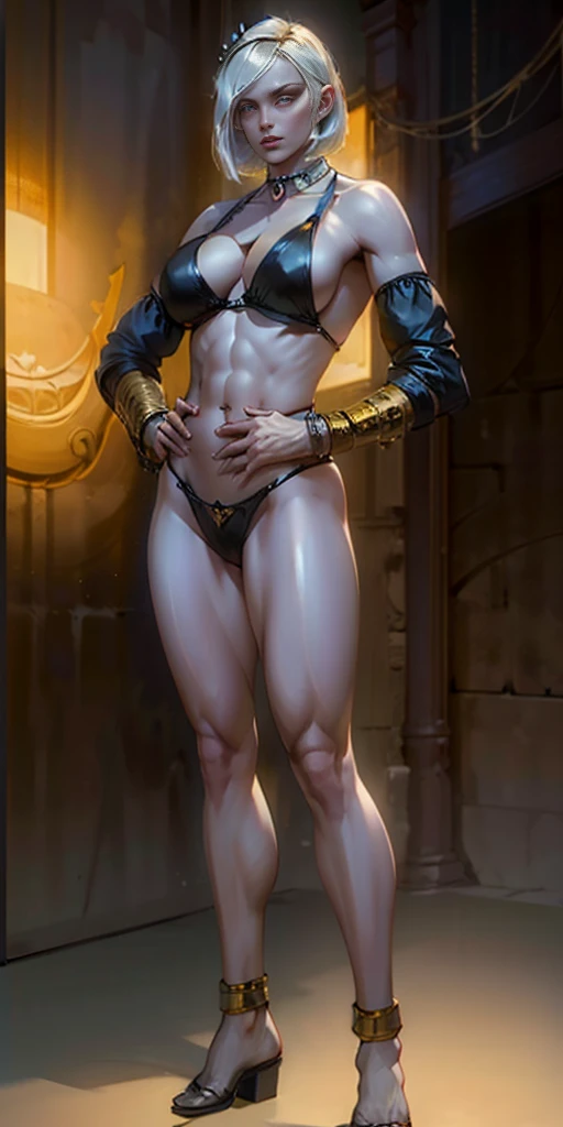(Masterpiece, plain background:1.2) white short bob hair and skin, white eyes, thin legs, thin body, leather corset and leather collar choker with golden neck bell, shackles wristbands bracers bracelets sleeves, whitish micro bikini 👙 maid, 1MILFWOMAN BIMBO full body standing symmetrical with both hands on hips, wide hips, view from below