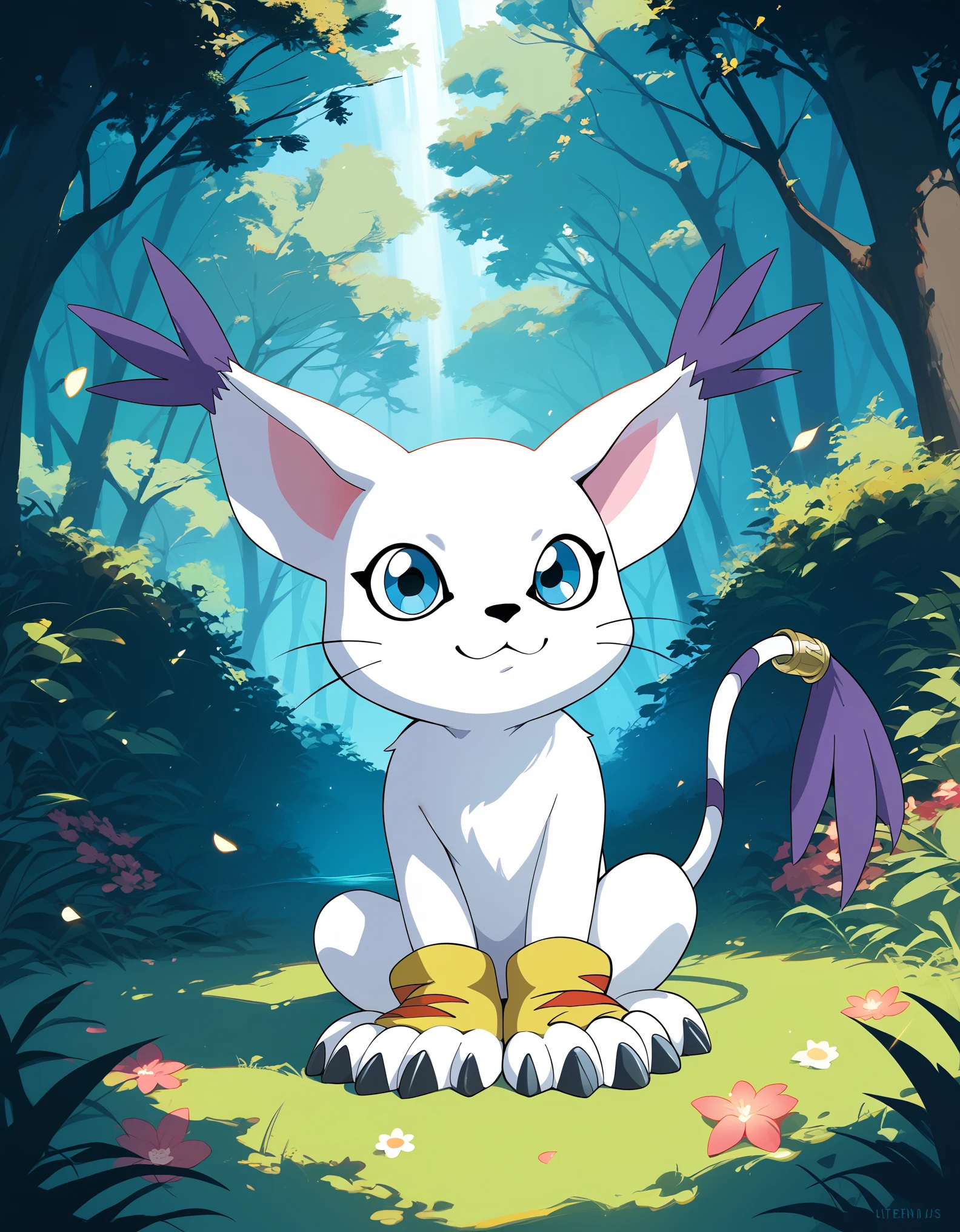  source_furry, absurdres, masterpiece, outstanding,, GATOMON, TAIL RING, RINGLESS, solo, digimon, in a forest, blue eyes, 