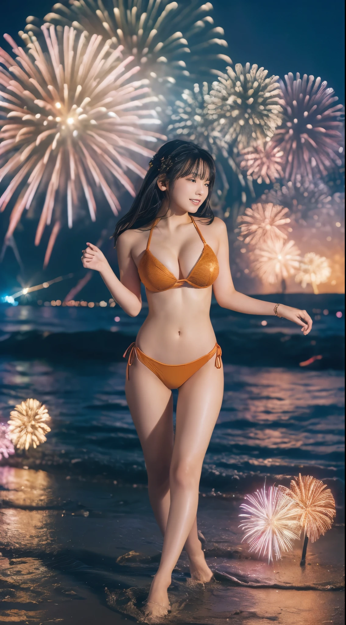 (((Masterpiece，Highest quality，Highest quality，8k，16K))，((Ultra-high resolution，Super detailed)))，Japanese，beautiful girl，sexy，glamorous，Golden Ratio Style，Bikini，night，Tropical Beach，Fireworks display，Fireworks、((Tropical BeachにてFireworks displayのFireworksを背景にしたスナップ写真))，