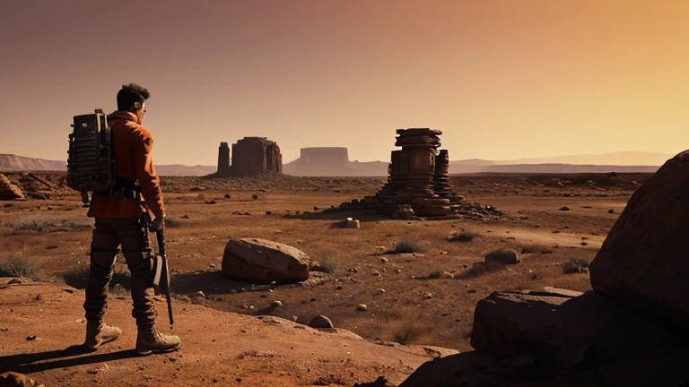 The image depicts two men standing with their backs to the viewer, in what appears to be a desolate and rugged landscape. Both men are wearing long-sleeve shirts and pants, with chains around their waists connecting them. The scene is bathed in a strong orange hue, suggesting a harsh, possibly desert environment with rocky formations and structures in the background. There are skeletal remains and weapons scattered on the ground, adding to the bleak and hostile atmosphere.