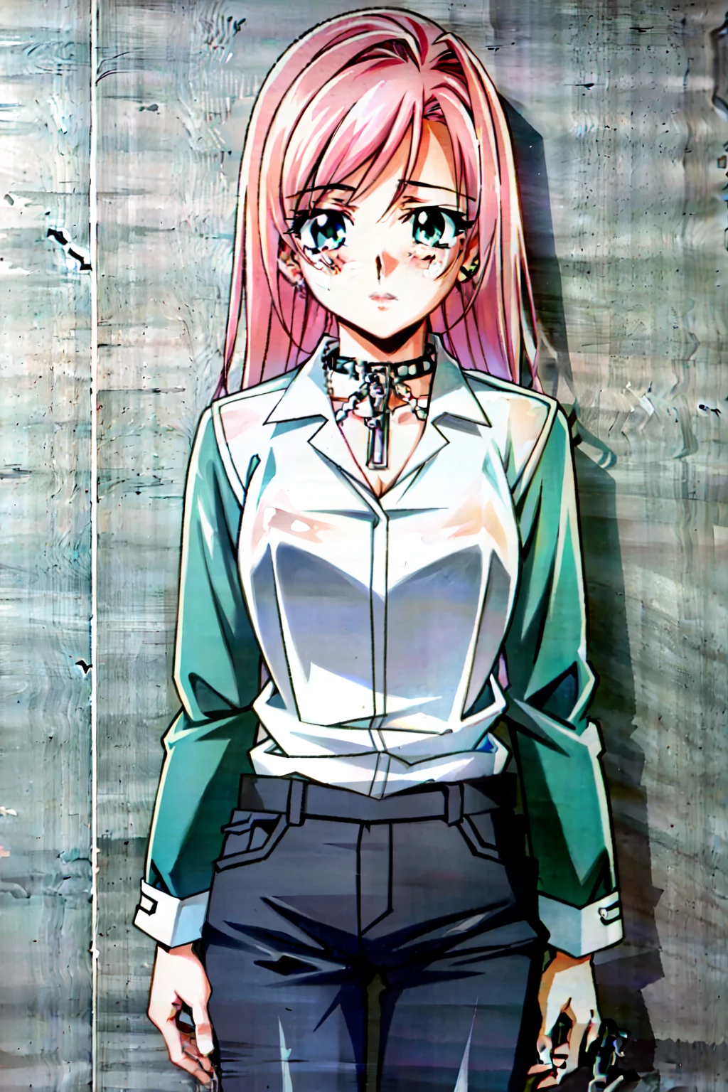 (animated coloring),(masterpiece),(Best Quality),(ultra detailed),(best illustration),(best shadow),(absurdities),(detailed background), Akashiya Moka exterior, 1 girl, Alone, pink hair, green eyes, blush, He drowned, , by the wide, chain, neck, shirt