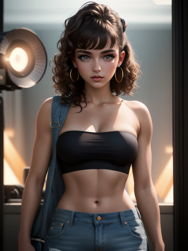 illustration, style of Philip Lorca diCorcia, cinematic film still portrait of young girl aged 18 yrs old, 1girl, solo, Instagram model, athletic figure, pretty face, wearing a black strapless top, wearing jean shorts, light brown hair, short curly hair, crossed bangs, constricted pupils, hair ribbon, hoop earrings, cinematic lighting, Ultra-Wide Angle, Canon, Hyperrealism, UHD, masterpiece, textured skin, high details, best quality, detailed eyes, detailed iris, full body photo