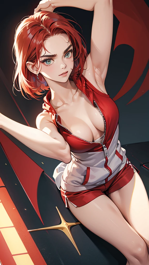 {{Dynamic configuration}},{{masterpiece}}, {{{Highest quality}}},{{Very detailed}},{{Reddening with anger}},{{V-shaped eyebrows}},{{shape}},{{expensive}},{{Adult woman stretching}},{{Dolphin Shorts}},{{White sleeveless zip hoodie with an open neckline}} Red Hair Bob Small breasts expensive The body is slim Thin legs Turf ground clavicle Décolletage Wristband