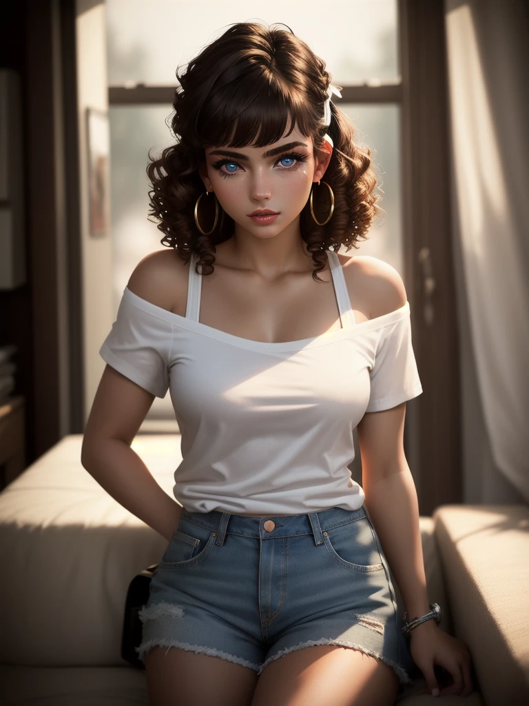 illustration, style of Philip Lorca diCorcia, cinematic film still portrait of young girl aged 18 yrs old, 1girl, solo, Instagram model, athletic figure, pretty face, wearing an off the shoulder white T-shirt, wearing jean shorts, light brown hair, short curly hair, crossed bangs, constricted pupils, hair ribbon, hoop earrings, cinematic lighting, Ultra-Wide Angle, Canon, Hyperrealism, UHD, masterpiece, textured skin, high details, best quality, detailed eyes, detailed iris, full body photo