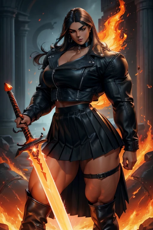 ((Close-up)), tall, (black hair) beautiful muscular woman, long straight hair, light brown skinned, closed smile, (black lipstick), (massive muscles), (hyper muscle), (ginormous bulky muscles), glowing orange eyes, ((leather jacket and long pleated skirt)), (carrying a fire sword), choker, boots, night in a fire castle,