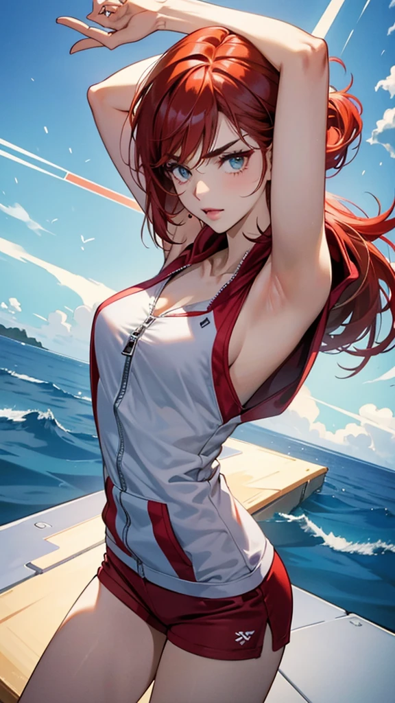 {{Dynamic configuration}},{{masterpiece}}, {{{Highest quality}}},{{Very detailed}},{{Reddening with anger}},{{V-shaped eyebrows}},{{shape}},{{expensive}},{{Adult woman stretching}},{{Dolphin Shorts}},{{White sleeveless zip hoodie with an open neckline}}　Red Hair Bob　Small breasts　expensive　The body is slim　Thin legs　Turf ground　clavicle　Décolletage　Wristband