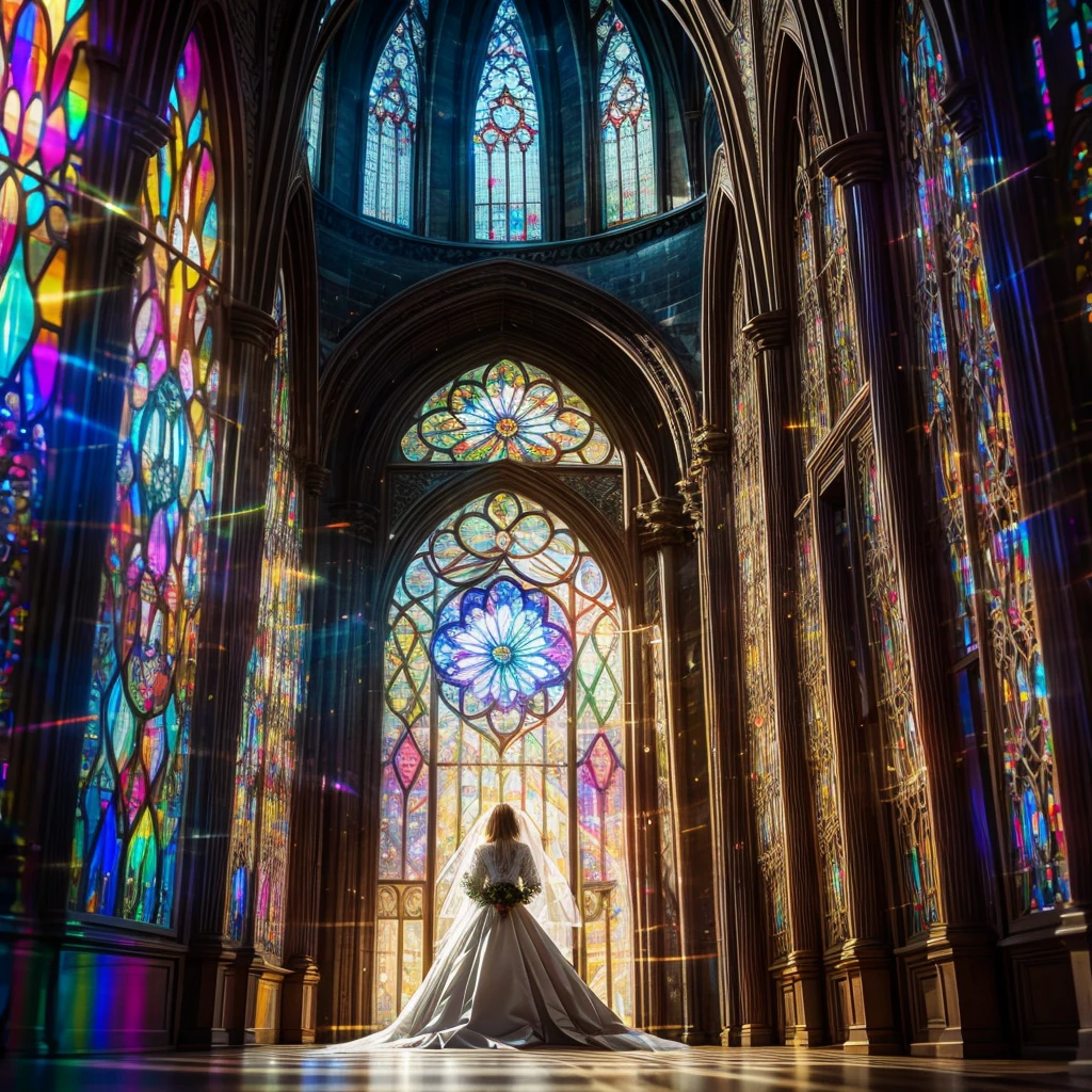  (Cathedral from below:1.28) (ZoomLayer) TopQuality 8K masterpiece of ((Professional photo)), (((Clarisse de Cagliostro))) (Detailed White WeddingDresses), Chain, (((Extremely detailed KAWAII face))) {((VeiledFace))|BlondeHair|(Elaborate BuleEyes)with(SparklingHighlights:1.28)}, The background is distant (((Elaborate stained glass))) Rainbow Glass, {(MysticSight)|EnchantingAtmosphere|Haze|(GodRays)|TyndallEffect}, Radiant PearlSkin with Transparency, (Exposed:0.39)