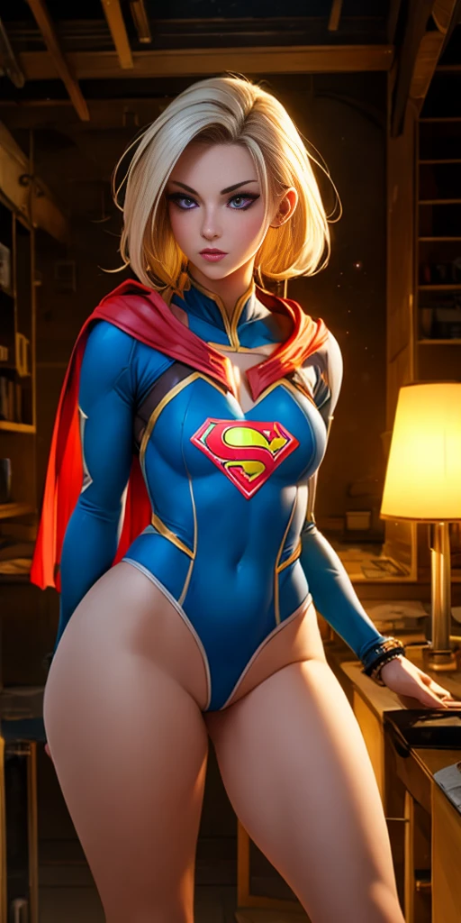 midway, cel-shading style, centered image, ultra detailed illustration by Erica Durance, (tetradic colors), whole body, punk ink, ink lines, light particles, strong outlines, art by mschiffer, bold dashes, parted lips, Minimum tight Supergirl swinsuit , cyber punk, g、shining skin, ((super realistic details))、bring、global ilumination、ombre、Octane representation、8k、ultra-sharp、character edge light, Seios grandes, big booty、Raw skin is exposed in the cleavage、Apocalyptic City of Fire, Details of complex ornaments、Covering parts in transparent acrylic、Sumeria Detailed Hydraulic Cylinders、Small LED Lamp、very intricate details、realistic light、a purple eye、radiant eyes、in front of the camera、neon details, cyber punk ,highest quallity、​masterpiece、超A high resolution、(photorrealistic:1.4)、CRU photo
