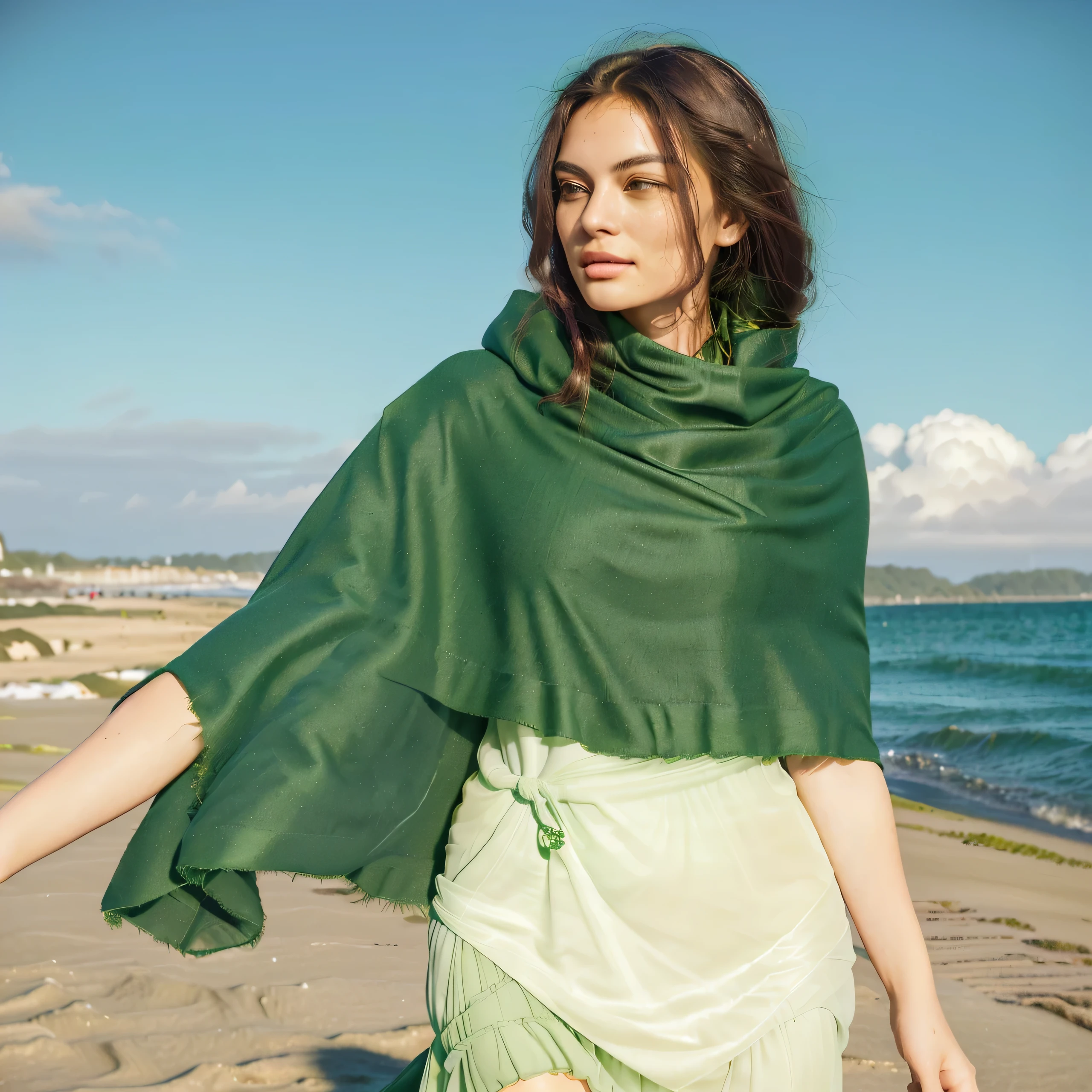 arafed woman walking on the beach with a green, green cape, dark green, green clothing, , green clothes, green cloak, ( ( dark green, with a green cloak, long hair shawl, wearing green, windy, olive green, jade green, casual green clothing, #green, With seaweed, dark green cloak, , wearing green clothing，cotton，Towel Shawl，