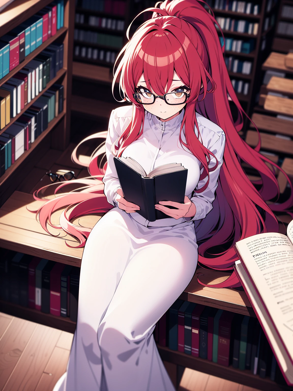 from above, colorful, (best quality, ultra-high resolution, depth of field:1.2), 1woman, long red hair, ponytail, hazel eyes, freckles, slender build, white dress, glasses, (library background), focused and serene, sitting, reading a book