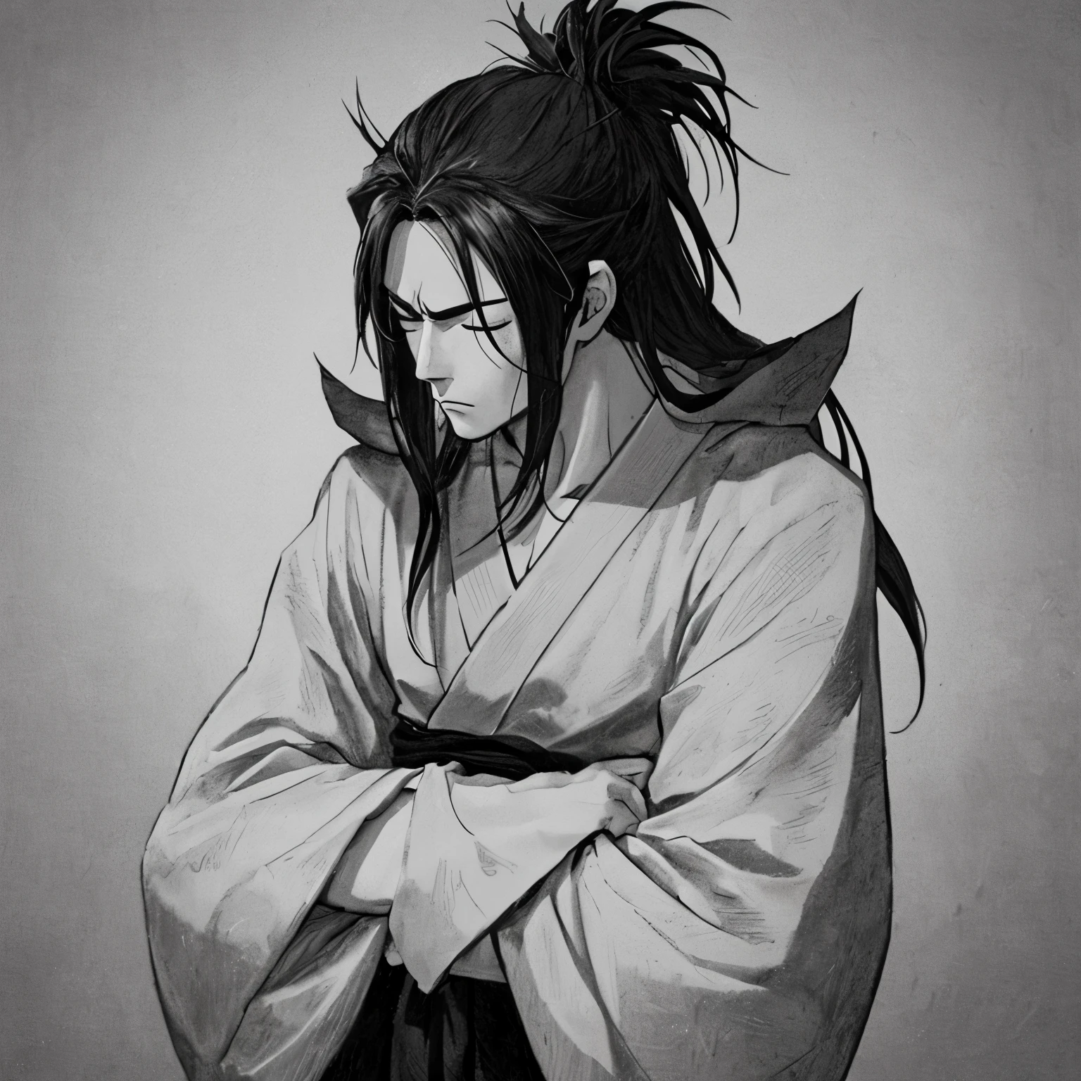 Create a detailed black-and-white illustration in the style of a manga, featuring a character similar to Miyamoto Musashi from the manga "Vagabond". The character should be depicted in a contemplative pose, praying with his hands pressed together, facing left. His head should be bowed down with eyes closed, mirroring a serene and focused expression. The character's hair should be tied back in a messy bun, and he should have a rugged, unshaven look. Ensure the character's left profile is visible, with fine details in the shading and line work to emphasize the texture and emotion in the scene. , focusing on the character's intense and reflective posture.