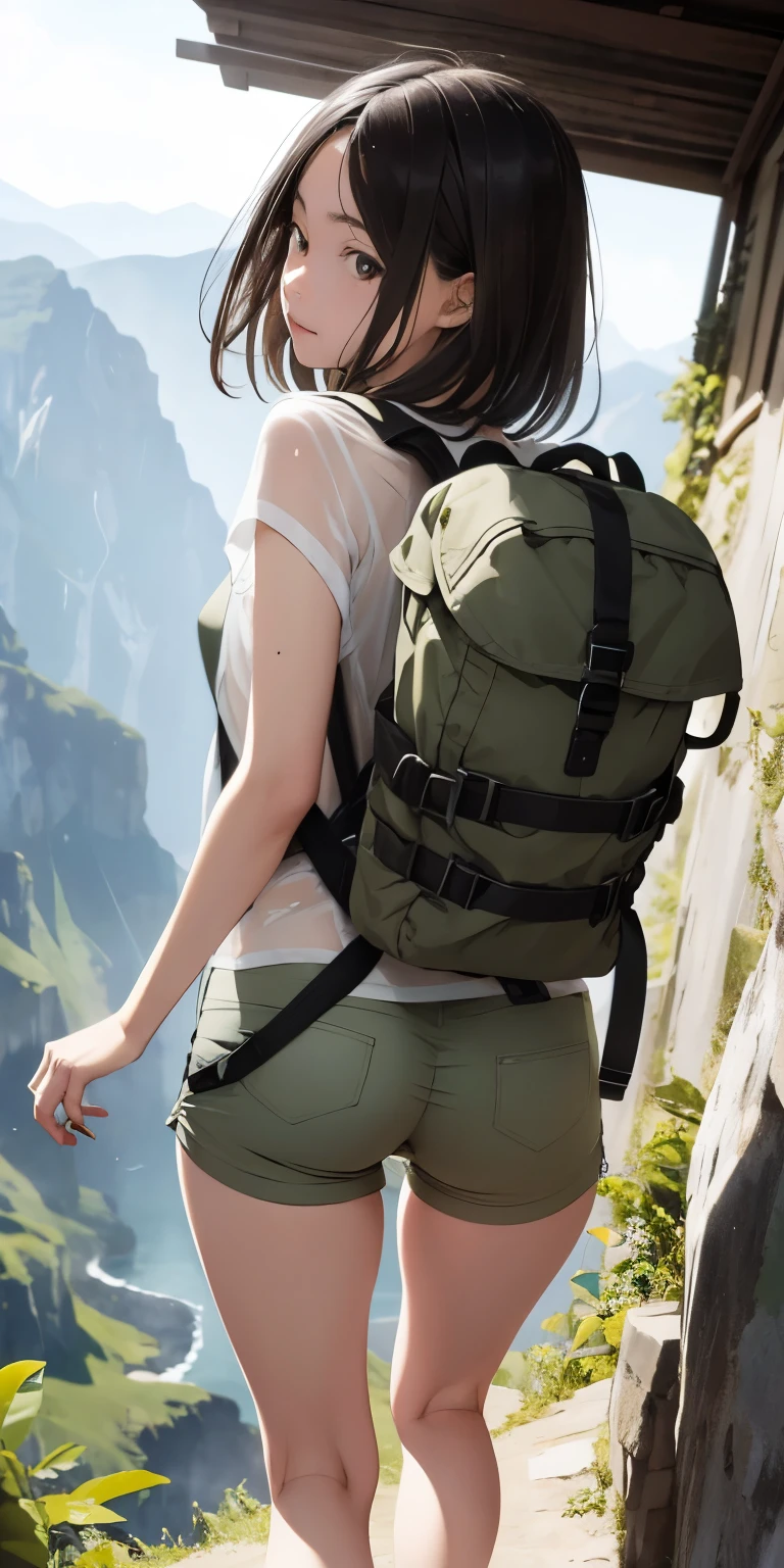 Emphasizing butt zoom、Realistic、See through、11-year-old girl、Close-up view from the ground、Climbing a steep summer mountain、Butt Emphasis、Carry a backpack、Wearing khaki outdoor shorts、Sexy pose