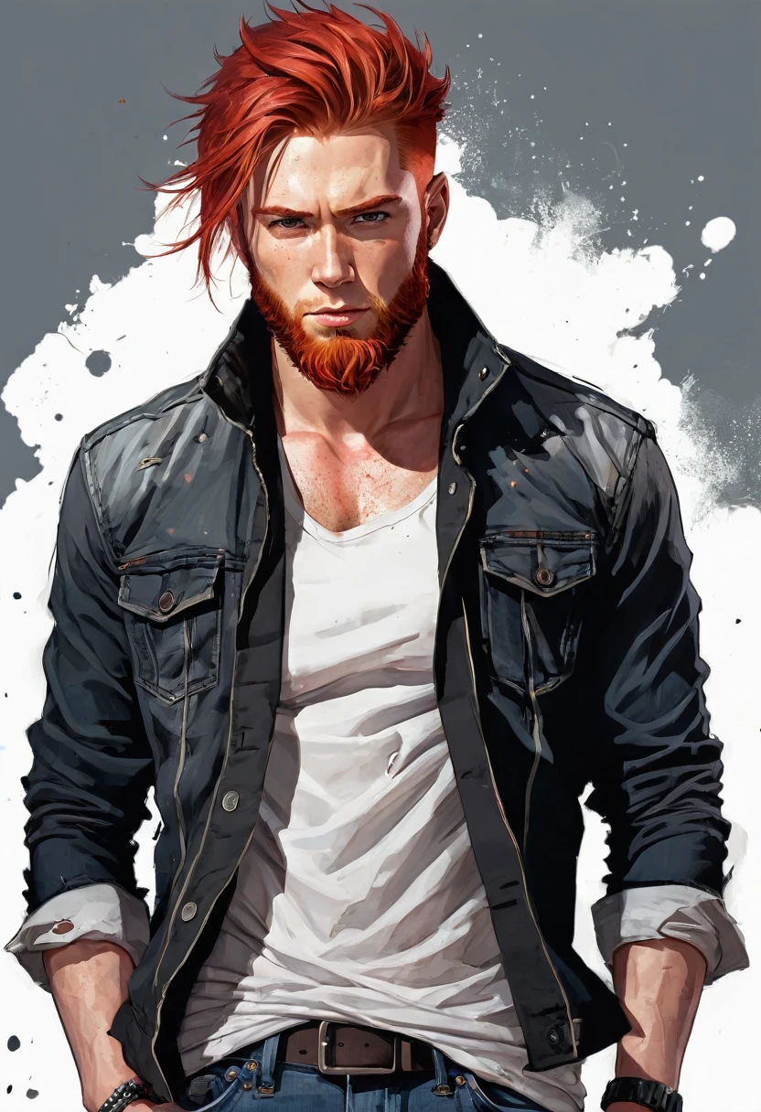 man, chin strap beard, red hair, white ripped shirt, black jacket, without moustache, redhair hair, messy hair, jeans pants, full body, comics art style
