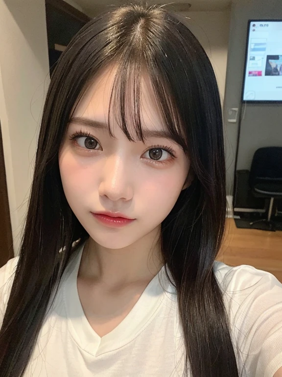 (masterpiece:1.3), (8k, Photorealistic, RAW Photos, Best image quality: 1.4), 23-year-old girl、(Random Hairstyles:1.uper detailed face、Attention to detail、double eyelid、Sharp focus:1.2、Beautiful woman:1.4、Black Hair、Highest quality、masterpiece、Ultra-high resolution、(Photorealistic:1.4)、Highly detailed and professional lighting、whitetshirt、thin、Black long hair、Deadly position、Clear Skin、Random pose、Shiny Hair、Sculpture model pose、Japanese