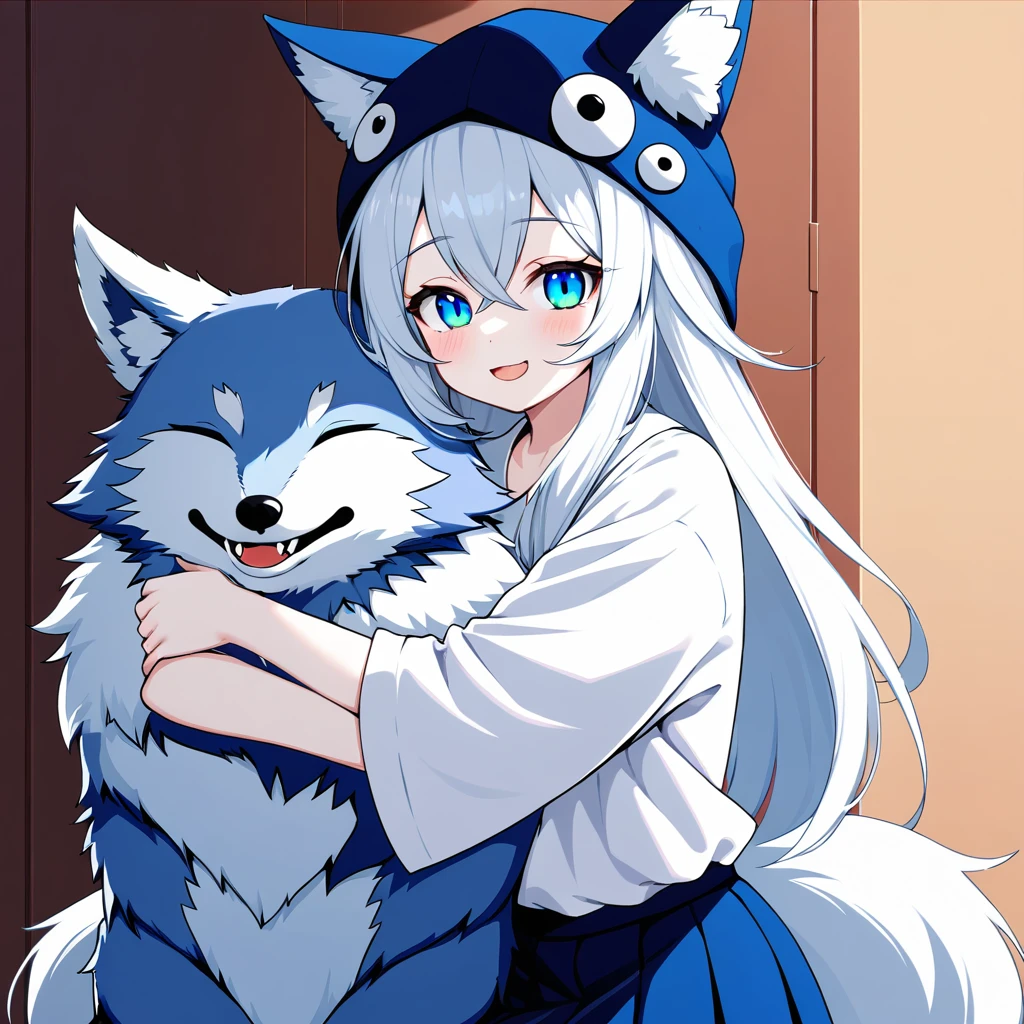 1 girl, alone, cute, long white hair, blue wolf hat, big shirt and skirt, happy eyes and white skin hugging a blue-skinned female wolf