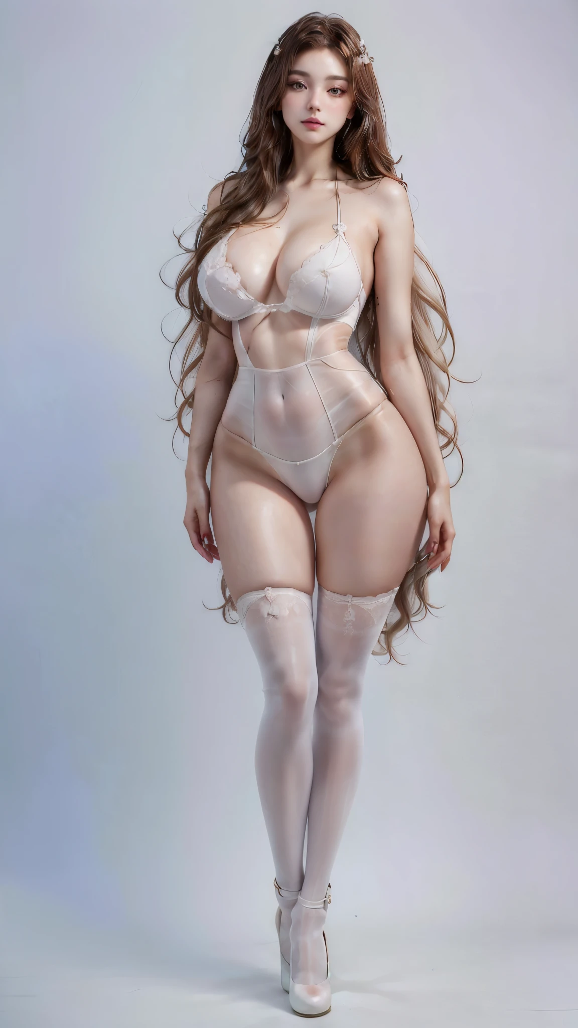a close up of a maiden with long hair and white shoes, Barbie in panties and bra transparentes, Anime Barbie, is wearing a transparent swimsuit, anime barbie in white stockings, pose sexy, Barbie, Barbie, anorexic figure, photorealistic full body, Attractive posing, realistic bikini, hyperrealistic full figure, 
([long hair hair]:1.8), (full body:1.8), (upper body up:0.3), (hyper realistic:1.4), (realistic:1.3), (best quality real texture skin),
Detailed eyes, detailed face, PERSEPHONE,
Hyperrealistic, huge saggy breasts, (HUGE THIGHS:1.5), perfect legs, perfect legs, pernas added, pernas added e perfeitas, turned legs, shapely thighs, pernas added, Smooth Thighs.

