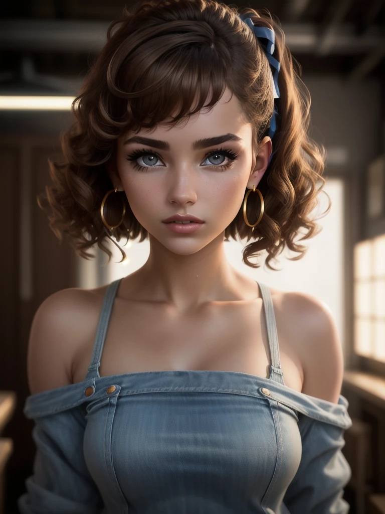 illustration, style of Philip Lorca diCorcia, cinematic film still portrait of young girl aged 18 yrs old, 1girl, solo, Instagram model, athletic figure, pretty face, wearing an off the shoulder brown sweater, wearing jean shorts, light brown hair, short curly hair, crossed bangs, constricted pupils, hair ribbon, hoop earrings, cinematic lighting, Ultra-Wide Angle, Canon, Hyperrealism, UHD, masterpiece, textured skin, high details, best quality, detailed eyes, detailed iris, full body photo