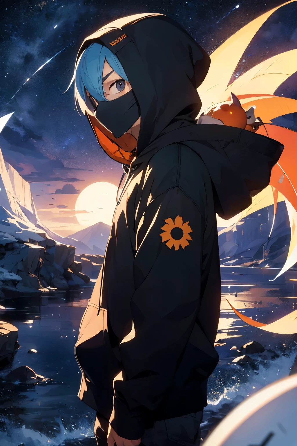 Make a cool masked guy with a hoodie named suntonic , who hunts demons and all kind of monsters in the name of god, with cool weapons like pumnals knifes