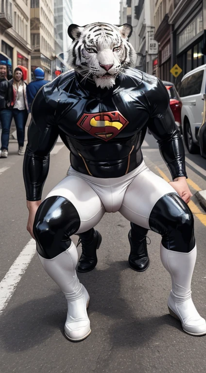 on the street，A superhero in a latex bodysuit is trampled and ravaged by an uncle，The expression revealed。Superhero is furry is a white tiger uncle is a human，Wearing the same clothes as the leader。