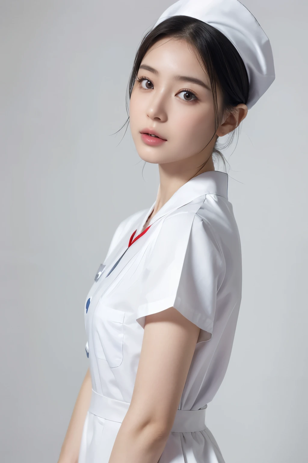 1 girl,(Wearing white nurse clothes:1.2),(RAW Photos, Highest quality), (Realistic, photo-Realistic:1.4), masterpiece, Very delicate and beautiful, Very detailed, 2k wallpaper, wonderful, finely, Very detailed CG unity 8k wallpaper, Very detailed, High resolution, Soft Light, Beautiful detailed girl, Very detailed eyes and face, Beautiful and sophisticated nose, finely beautiful eyes, Perfect Anatomy, Black Hair, Upstyle, nurse uniform, ((nurse cap)), Long skirt, nurse, White costume, thin, hospital, clear, White Uniform, hospital room, Neck auscultation, ((Upper Body))