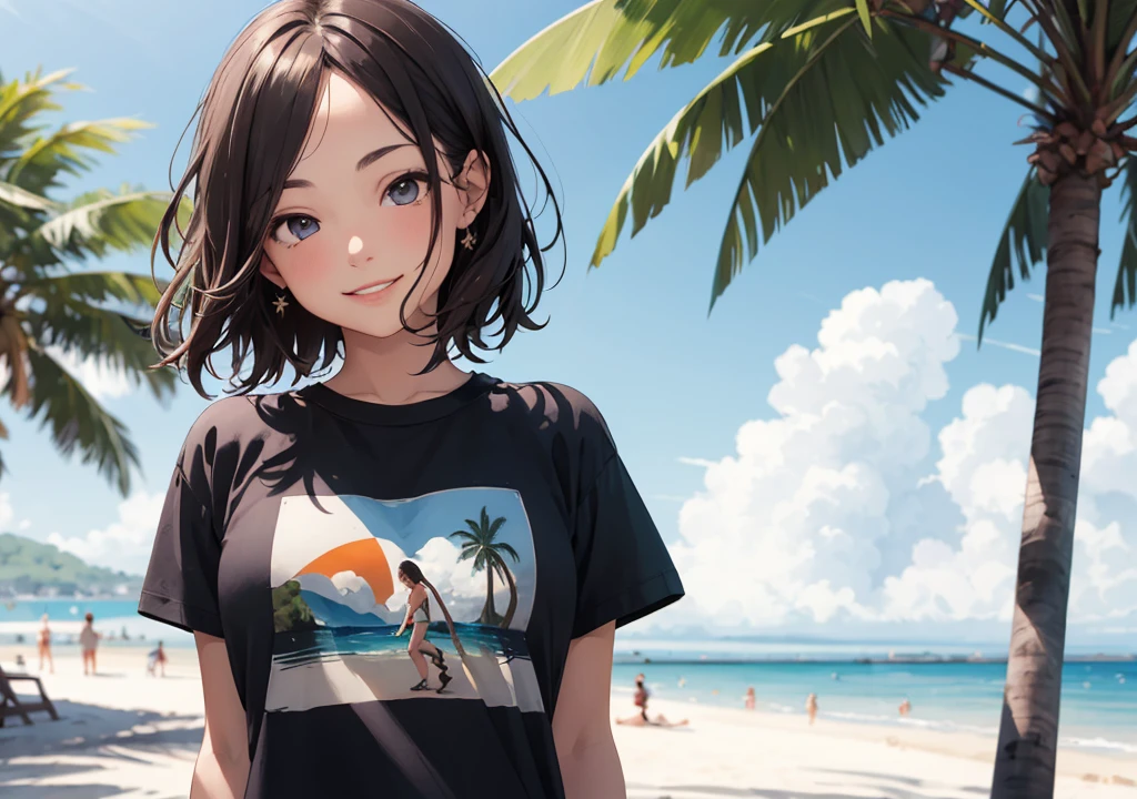 ((Highest quality)), ((masterpiece)), (detailed), One girl, beach,smile,summer,T-Shirts,Perfect Fingers,