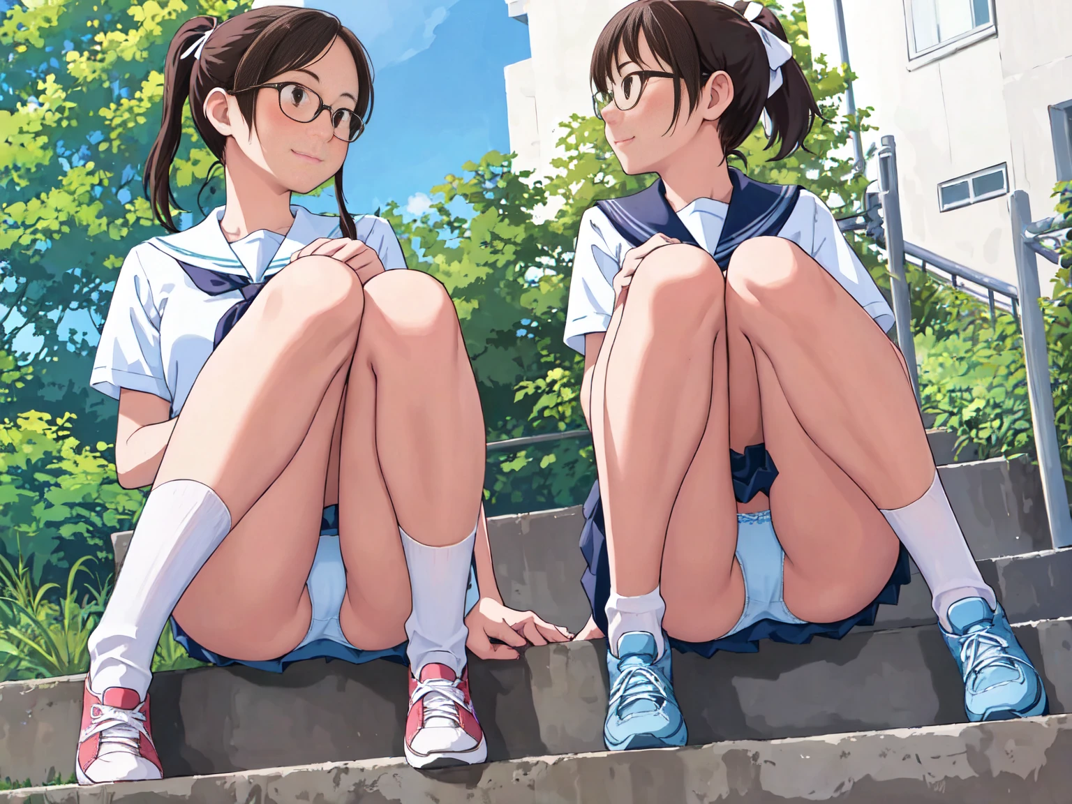 Highest quality, Ultra-high resolution, (Realistic: )2D official style cel animation,((2Girls sitting in a row))、brown、ponytail、White Big Ribbon、Glasses、Blue Check Mini Skirt,Summer Shirts,Unbutton、(Lace panties),loose socks,sneakers,Full body portrait,(From below),Station stairs,sunny,Spread your legs、from the front、blush、