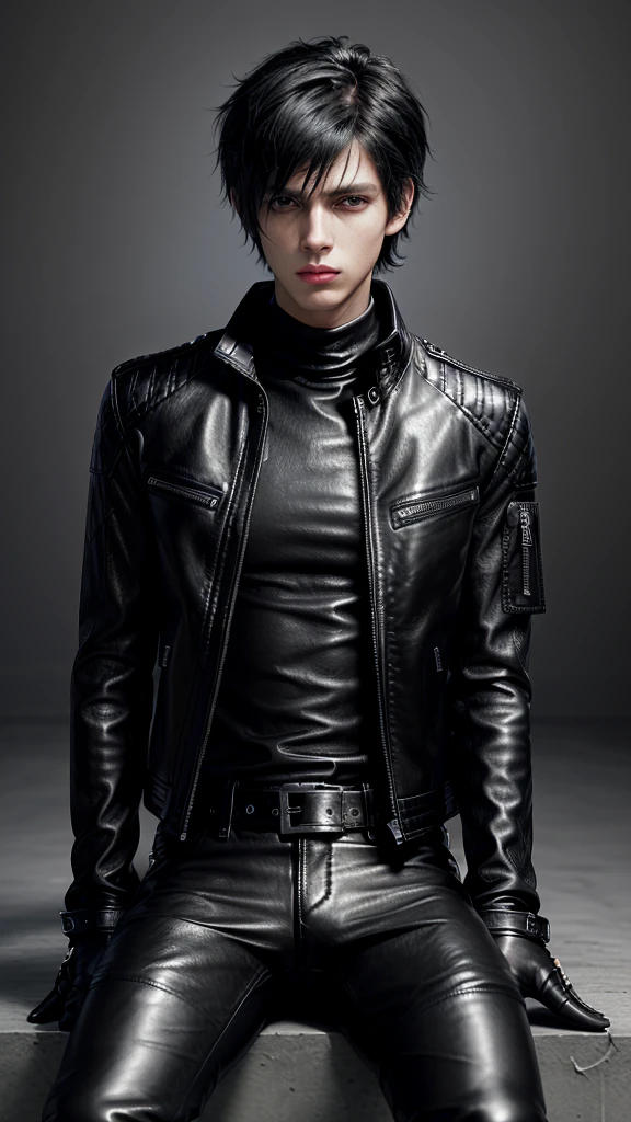 Final fantasy taste and reality graphics, ((Japanese young cute and cool ikemen boy)), his age is early 20s, thin eyebrows and beady eyes, ((he wearing black color leather thick and heavy material jacket)), ((jacket is single-brest)), ((biker style jacket)), ((jacket is large size)),((with epaulet)), ((jacket is long sleeve)), ((zip up, front of the leather jacket)), , ((voluminous leather jacket)), ,((jacket is high length, and stand-up collar)) ((jacket collar with two belts)), ((jacket is a little black color line pattern)), ((also wearing black thick material turtleneck lackluster shirts)), ((tight black leather pants)), ((put black leather tight and thin glove on both hands)), ((black leather glove)),((black leather knee-high raceup boots)),((must views head-to-toe)),((must views whole body)), ,((Do not show skin from the neck down)),leather jacket leather glove and leather pants have few wrinkles, Avoid showing your innerwear,zip up jacket fastner.((must put on a leather glove)).
Boy is black hair.boy looks like fashion model.
Boy in the dim room.