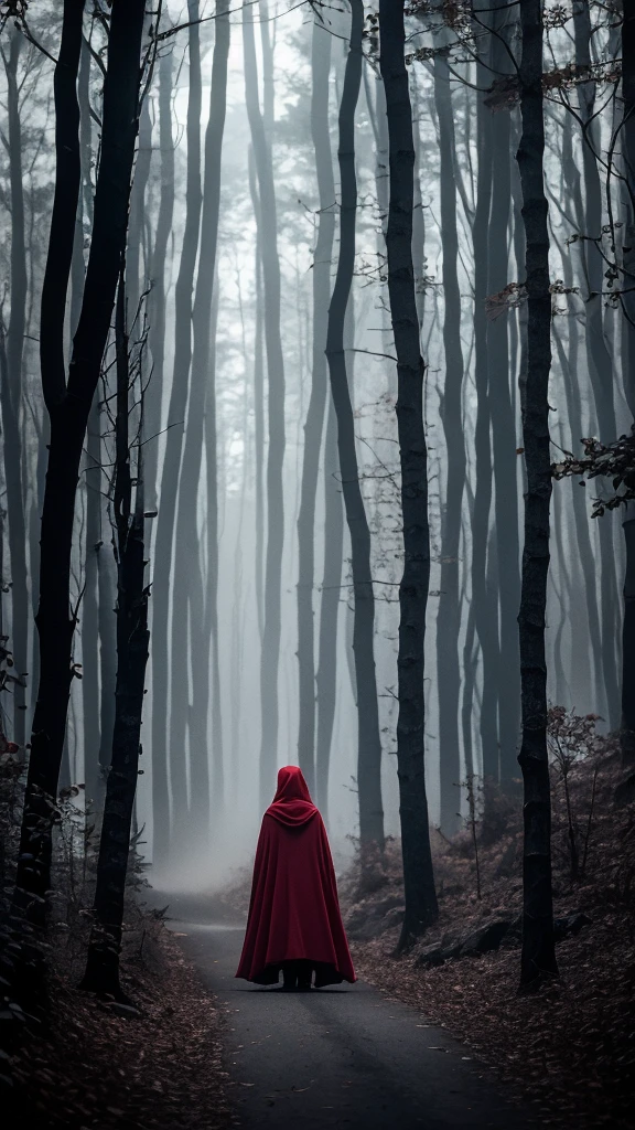 "A 1970s-style photo of Little Red Riding Hood, reimagined in a dark fantasy style by Tim Burton. The image should have a dark and mysterious atmosphere, with tones of black, red, and gray. Little Red Riding Hood should wear a worn red cloak and hood, set in a dark and twisted forest with gothic and fantastical elements typical of Burton, such as oddly shaped trees and a cloudy sky with a pale moon."