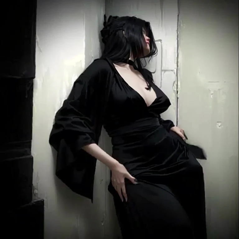 Arafed woman in a black dress leaning against a wall, wearing a black silk robe, she is wearing a black dress, wearing a black dress, wearing a gothic dress, dark dress, wearing a dark dress, with dark silk tunic, wrapped in black, wearing a black robe, wearing a black silk robes, wearing a black dress, pose lateral, wearing a dark robe