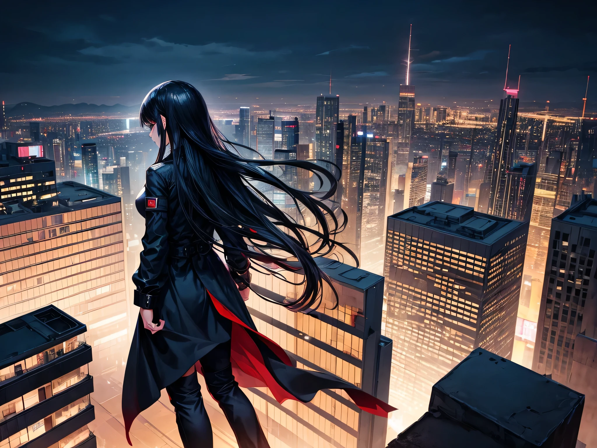 girl with long black hairs and black long shirt standing on the peak of rooftop building, sad expression, seen from behind, night cyberpunk city, full body