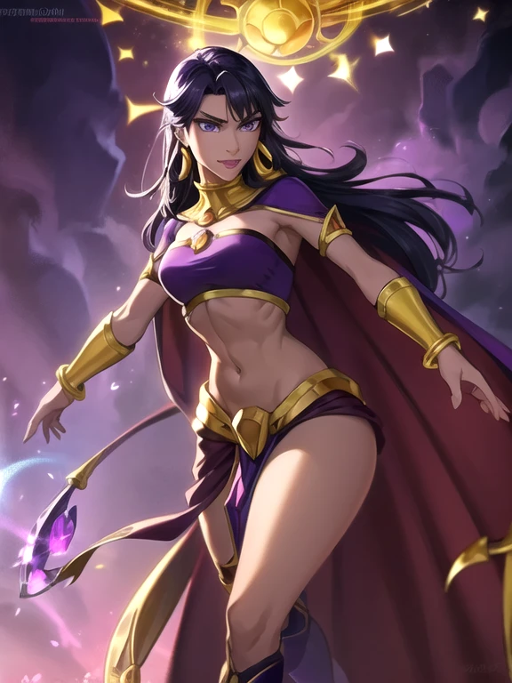 Fantasy style, Fantasy environment, A beautiful young sorceress (1 girl), dark-skinned female, with long purple flowing hair, purple eyes, purple iris, mascaras purple eyeshadow, smile, purple lipstick, medium breasts, waist, slender legs, attractive body, slim figure, perfect shape, ((Wearing: golden ringed earrings, purple cape, purple strapless top, purple loincloth, golden armlets, golden boots)), looking mature and alluring at 28 years old, (detailed eyes, detailed lips, extremely detailed face), both hands glowing bright purple, purple magic, bright purple sparks in both hands, She's a sorceress that wields her magical powers with grace and precision, showcasing her exceptional abilities, She exudes an air of mystery and power, The artwork captures the essence of a strong and alluring character, intricate detailed portrait, photo realistic, 8k, highly detailed, cinematic lighting, warm color palette, detailed foliage, golden hour lighting, dramatic lighting, dramatic pose, sensual, alluring, captivating gaze, masterpiece,
