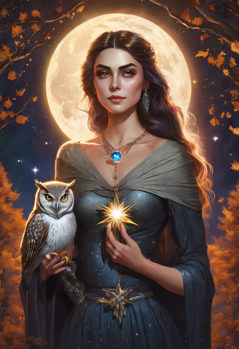 a beautiful woman and powerful witch, holding a shining star in her hands, wearing a diamond necklace, with just an owl resting on one shoulder.