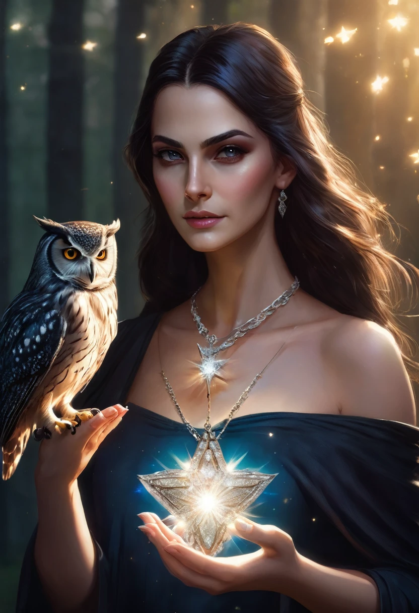 a beautiful woman and powerful witch, holding a shining star in her hands, wearing a diamond necklace, with just an owl resting on one shoulder.